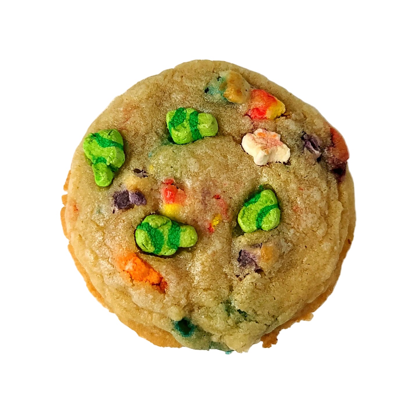 A soft-baked cereal flavored cookie with colorful marshmallow charms on top, displayed on a white plate.